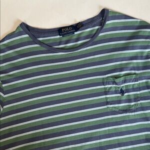 Polo Ralph Lauren Blue Green Striped Pony Pocket Custom Slim Fit Tshirt Mens XL
